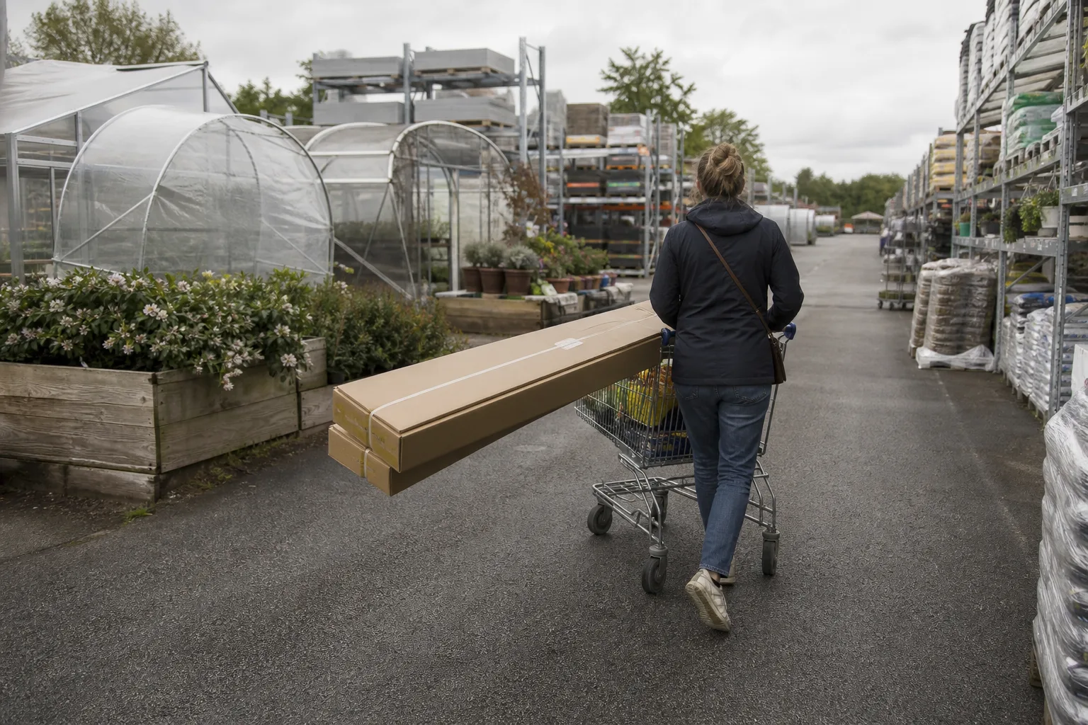 Tunnelväxthus i platt paket på kundvagn