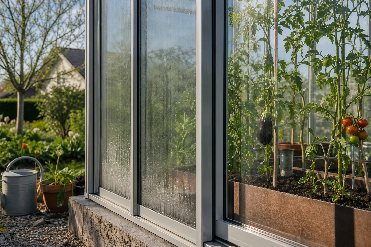 Aluminiumprofiler och glasrutor i närbild på växthusfasad
