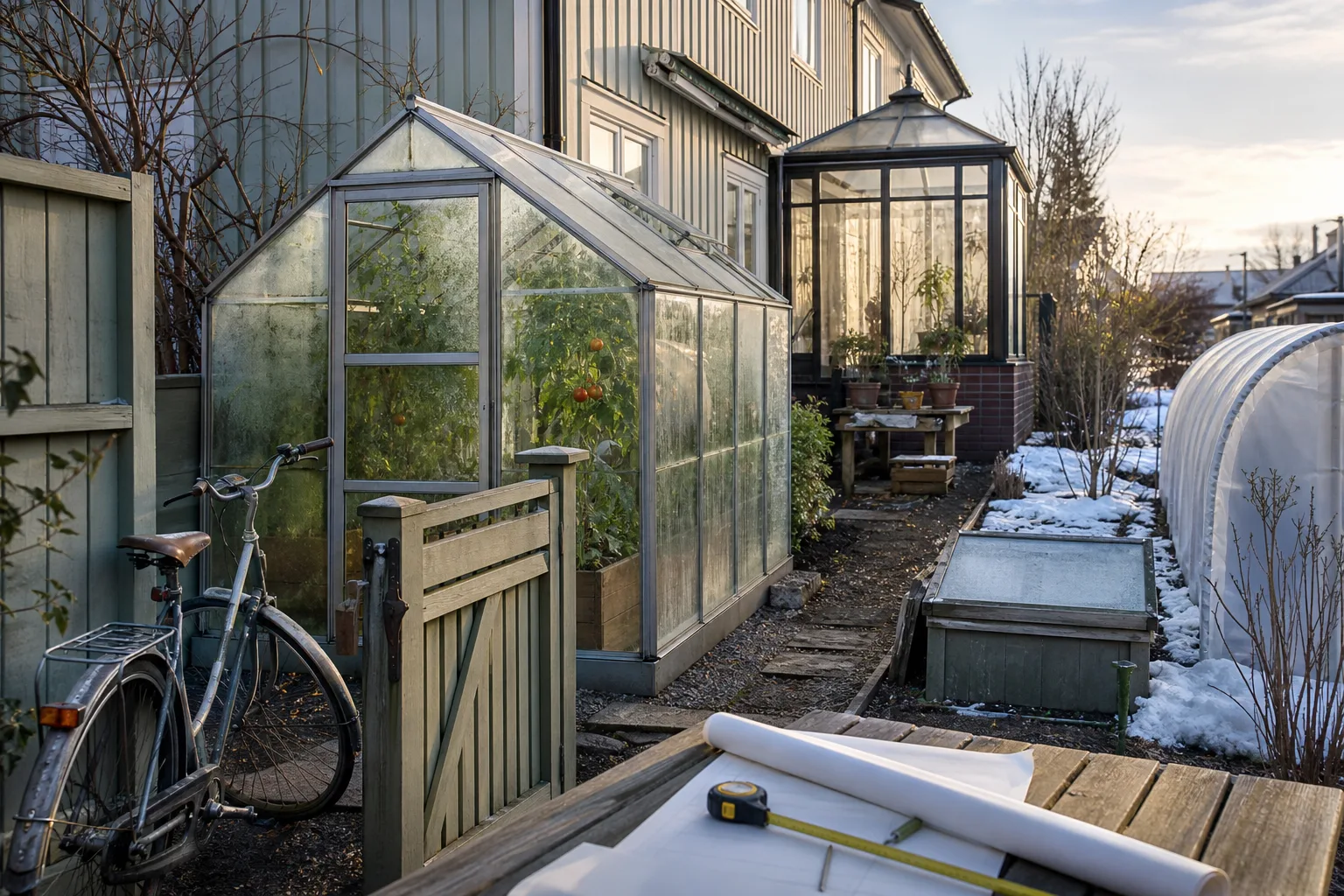 Litet växthus i hörnet av en radhusträdgård