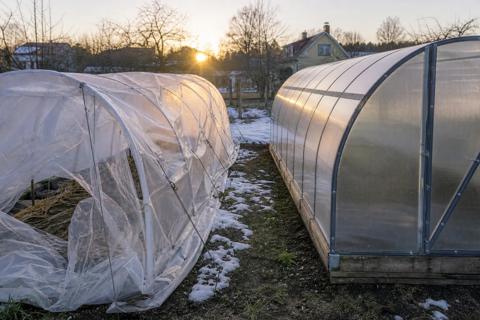 Folietunnel och polykarbonattunnel sida vid sida på en odlingslott
