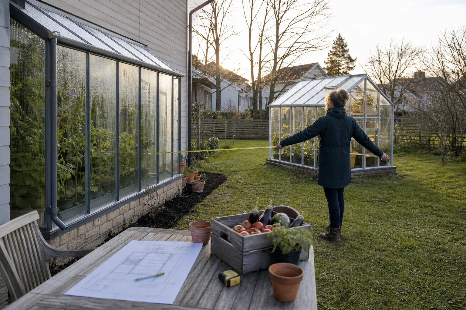 Ett väggväxthus längs husfasaden och ett fristående växthus ute på gräsmattan, med en trädgårdsägare som mäter avståndet