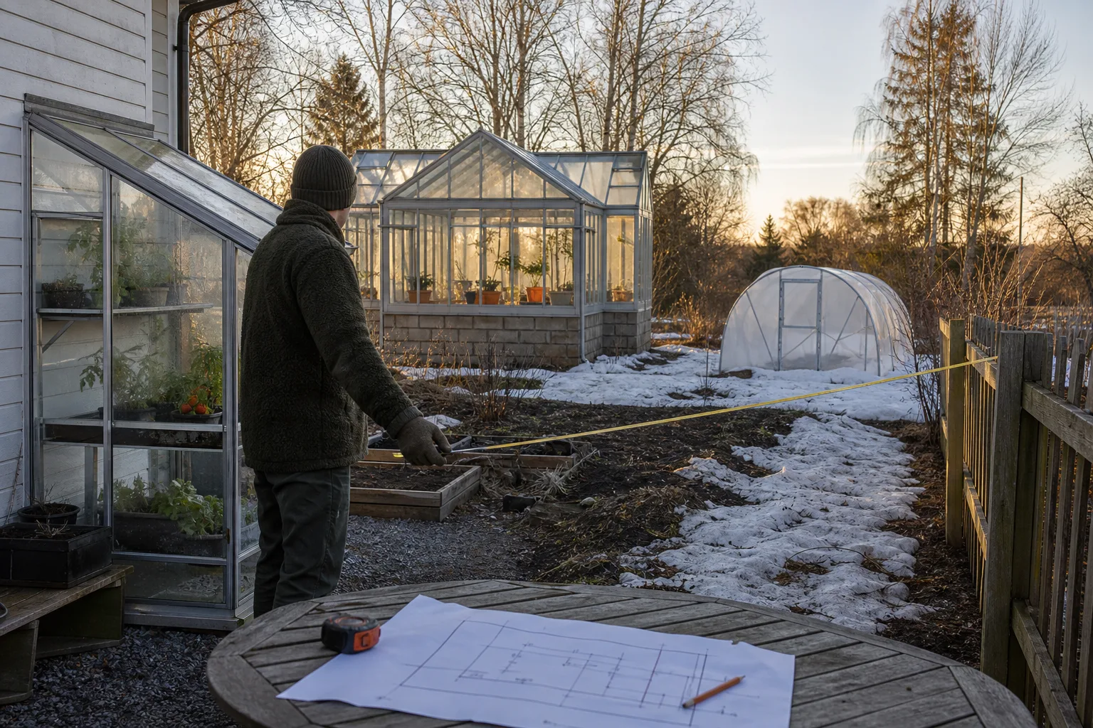 Måttband mellan planerat växthus och tomtgräns