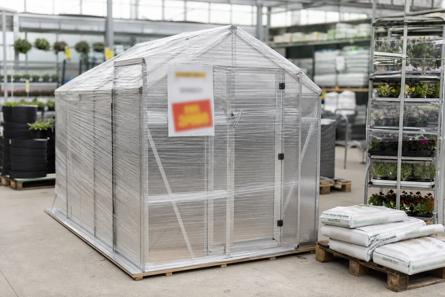 Nedsatt prislapp på paketerat växthus i butik