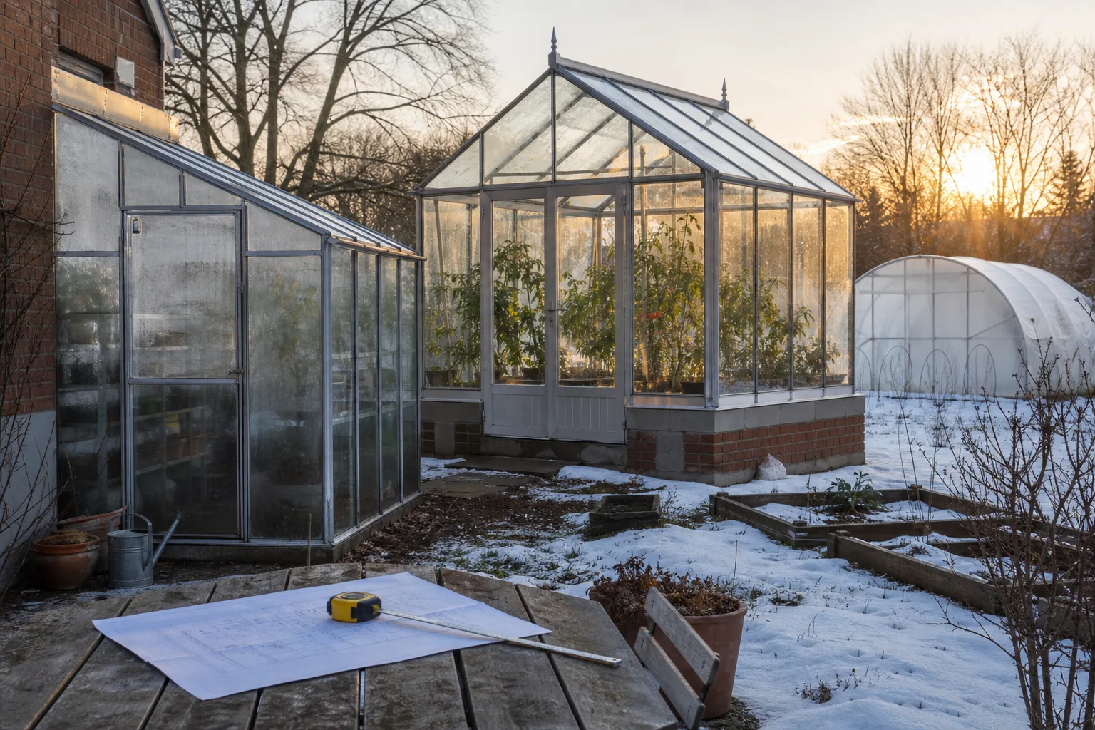 Slankt växthus med stora glasrutor i vinterljus