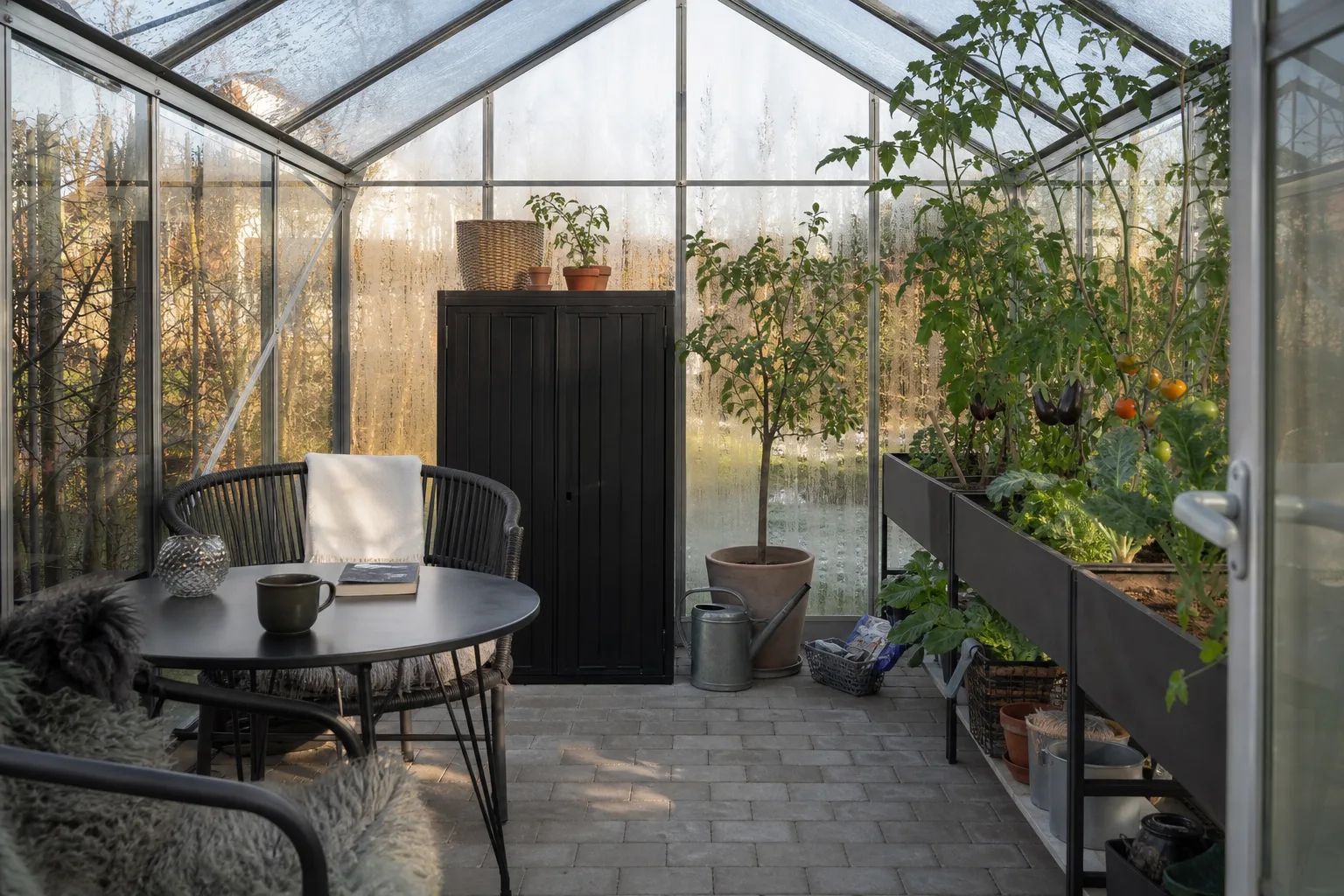 Designväxthus med sittyta, förvaring och odlingsdel