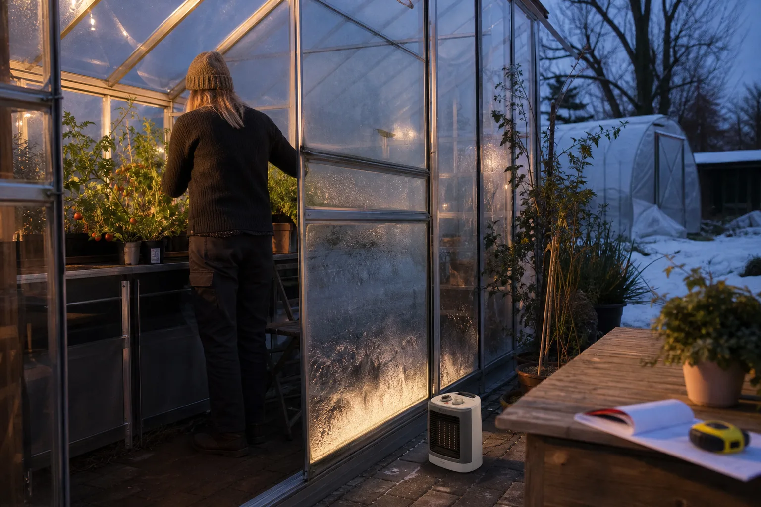 Elektrisk växthusvärmare mot frost en kylig kväll