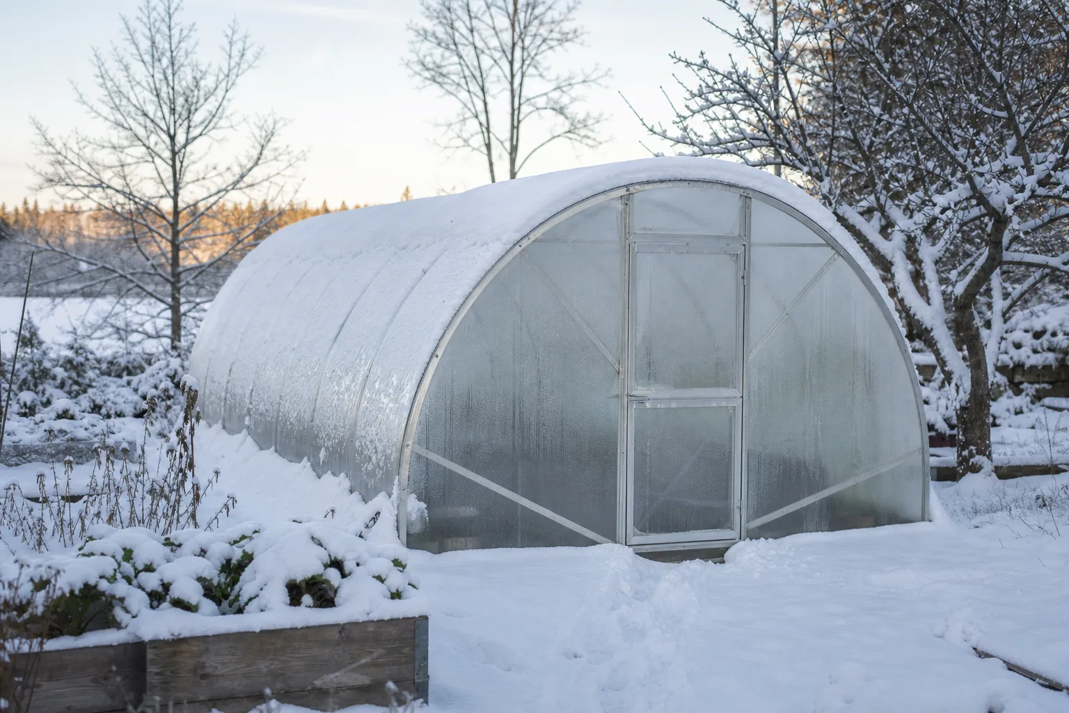 Tunnelväxthus täckt av snö på vintertomten