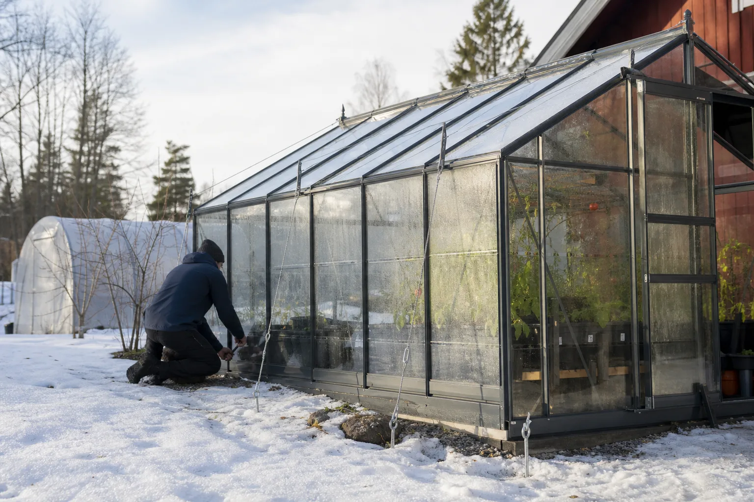Kombiväxthus med kraftig stomme och markankare i snö