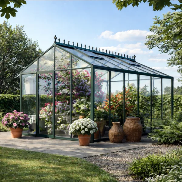 Bloomcabin aluminiumväxthus med klassisk takkam och glasade väggar