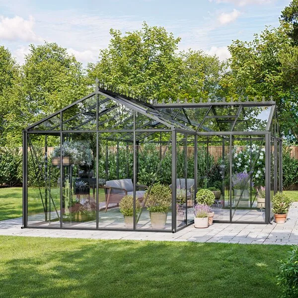 Bloomcabin T-format orangeri i aluminium och härdat glas