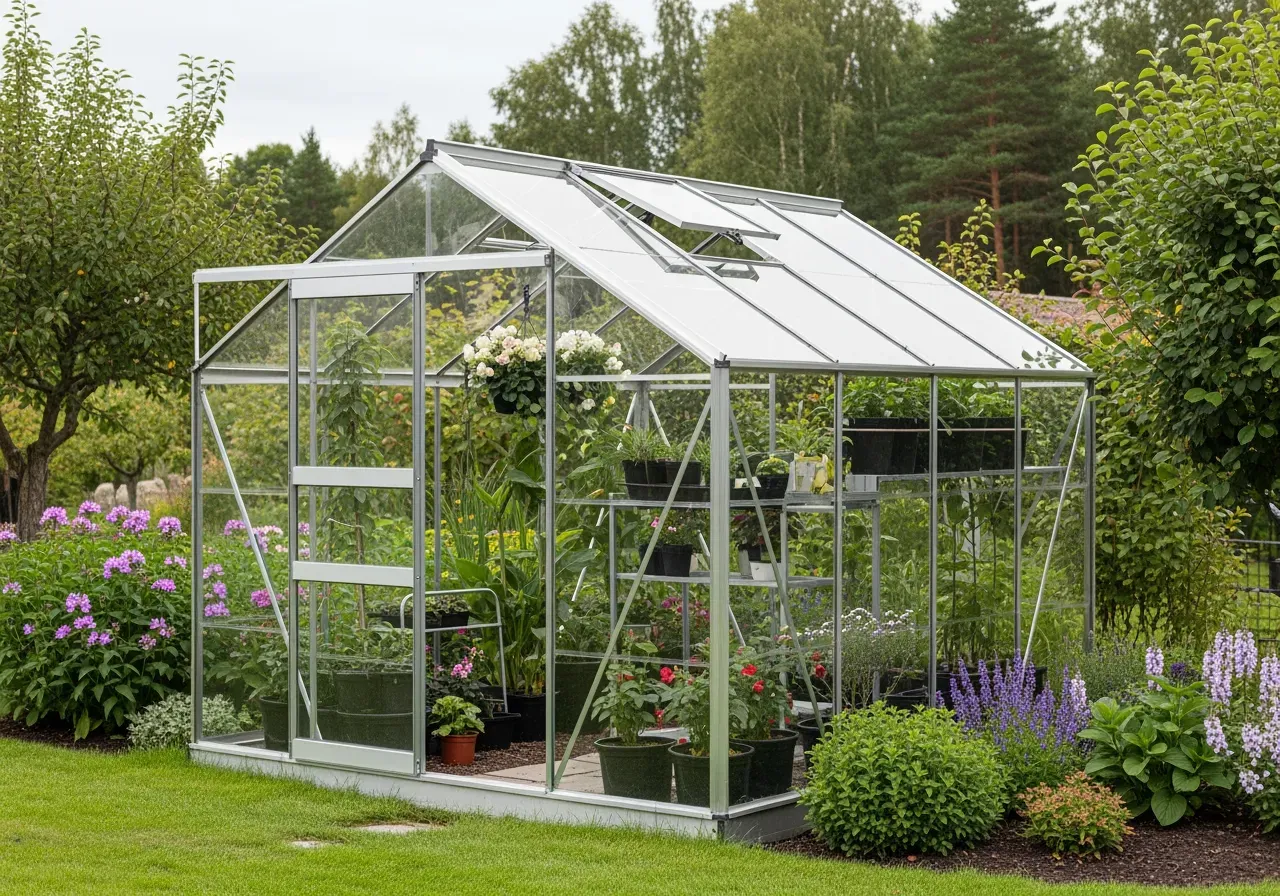Fristående aluminiumväxthus i trädgård