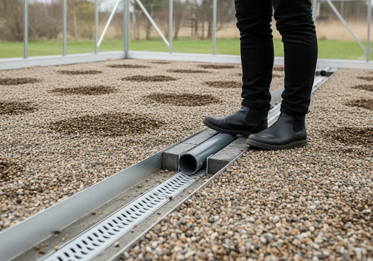 Grund golv och dränering i växthus