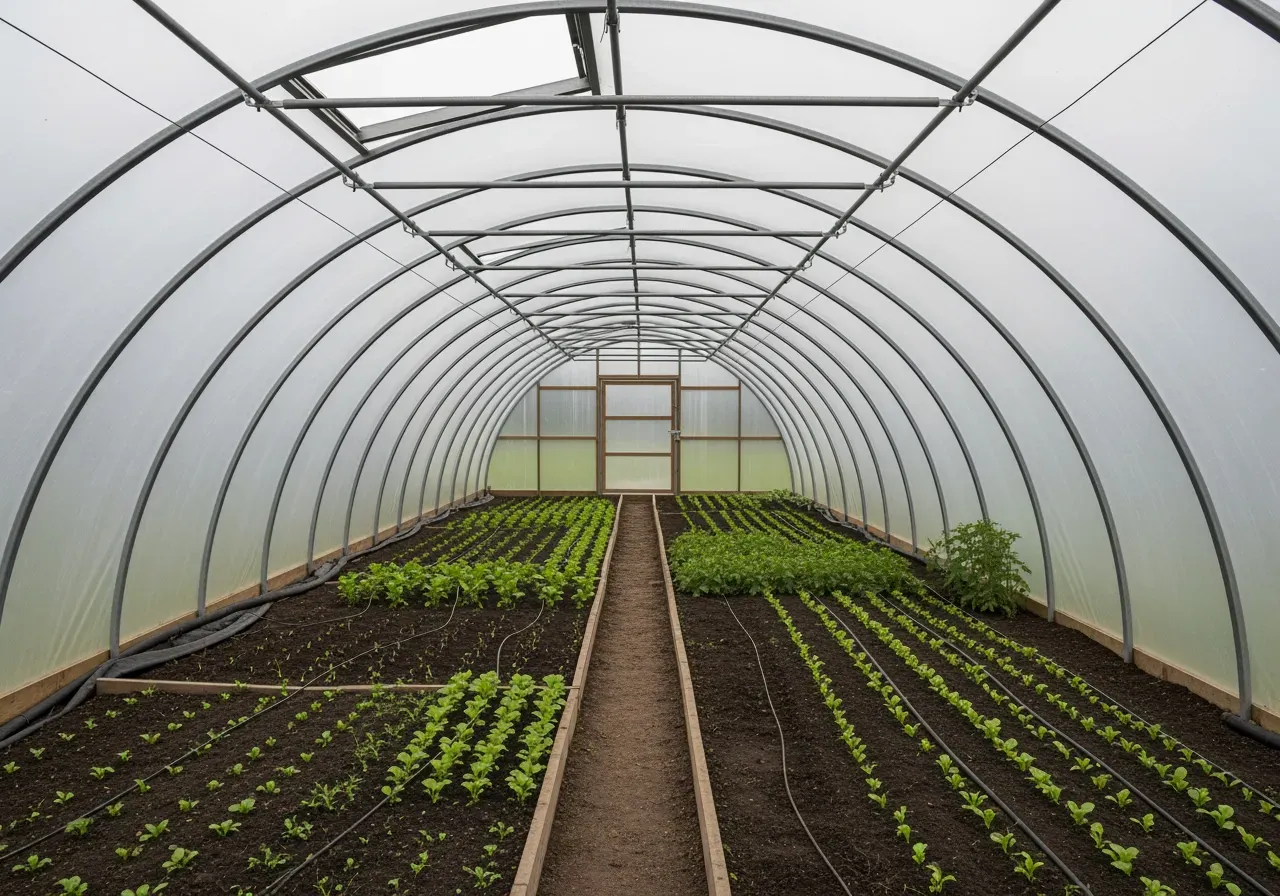 Bäddlayout i högtunnel med gaveldörrar