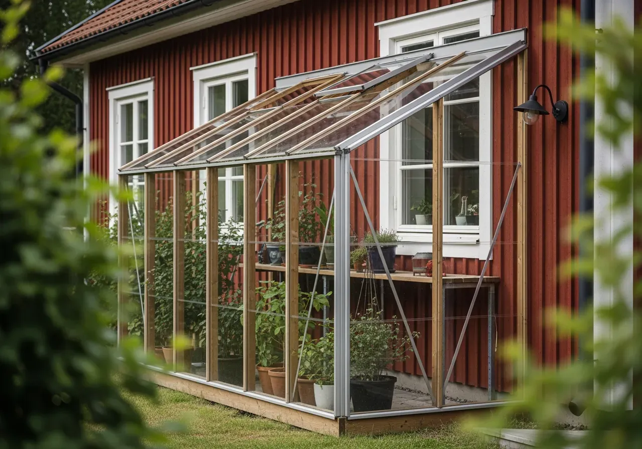 Lean-to växthus mot husvägg