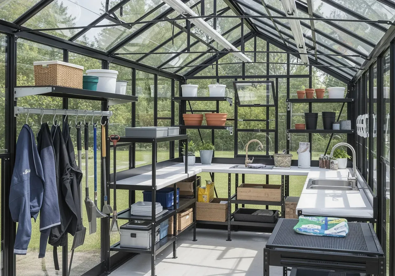 Ljus ventilation och förvaring i kombiväxthus