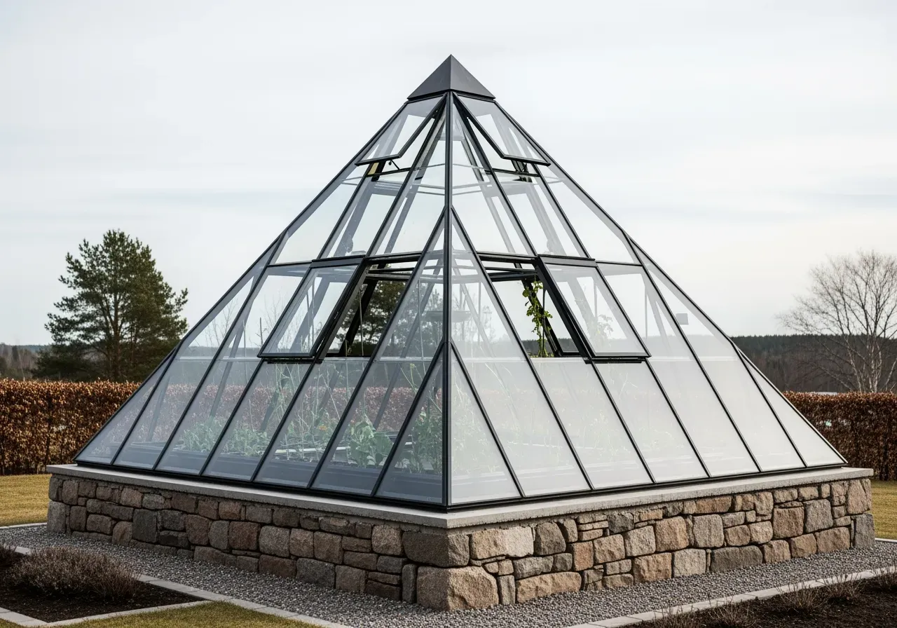 Pyramidväxthus på mur med glas