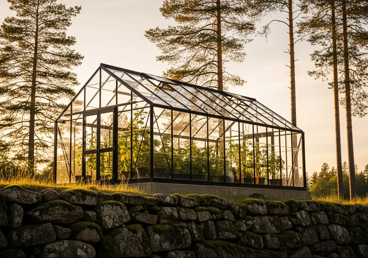 Växthus på mur i kvällssol