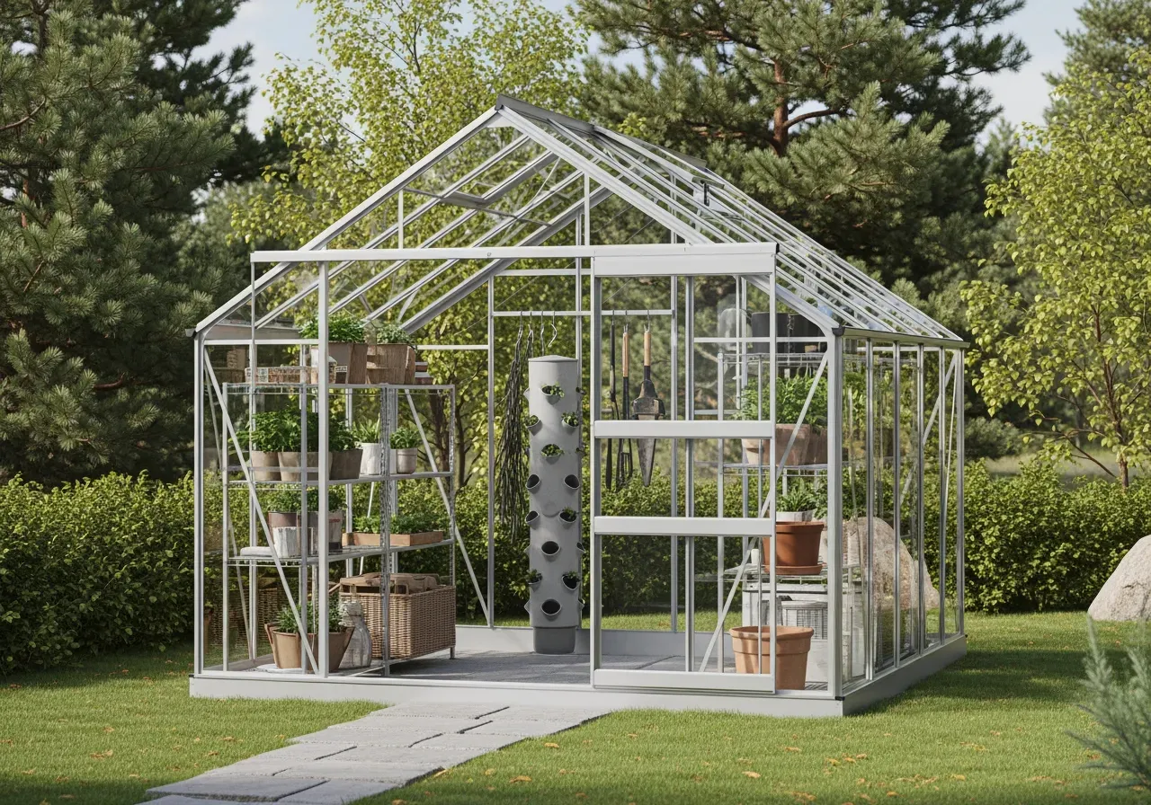 Aluminiumväxthus med smart förvaring