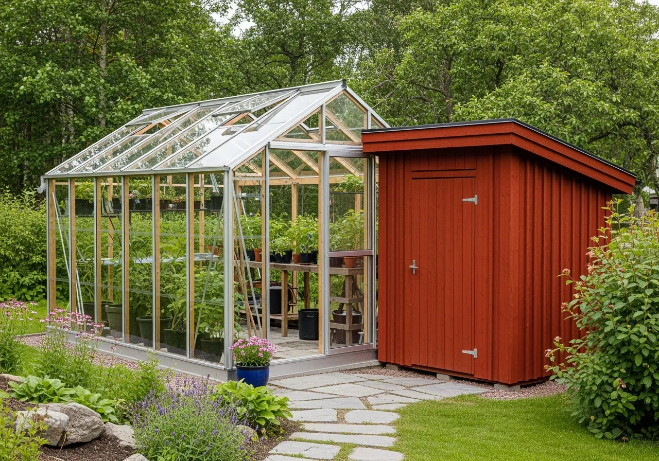 Växthus med förråd i trädgård